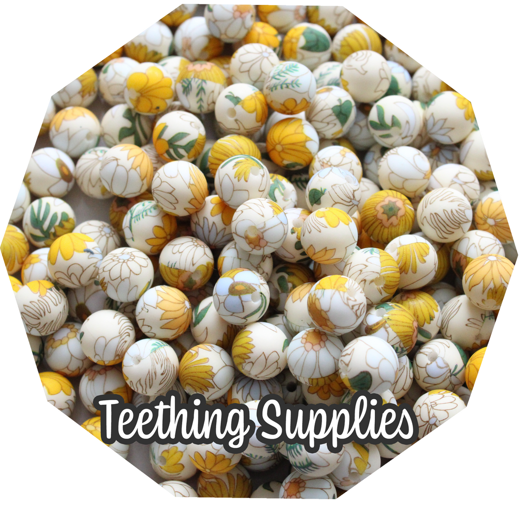 12mm Floral Yellow Silicone Beads (Pack of 5) Teething Supplies