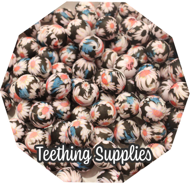 15mm Floral Black Silicone Beads (Pack of 5) Teething Supplies
