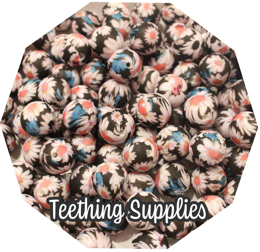 15mm Floral Black Silicone Beads (Pack of 5) Teething Supplies