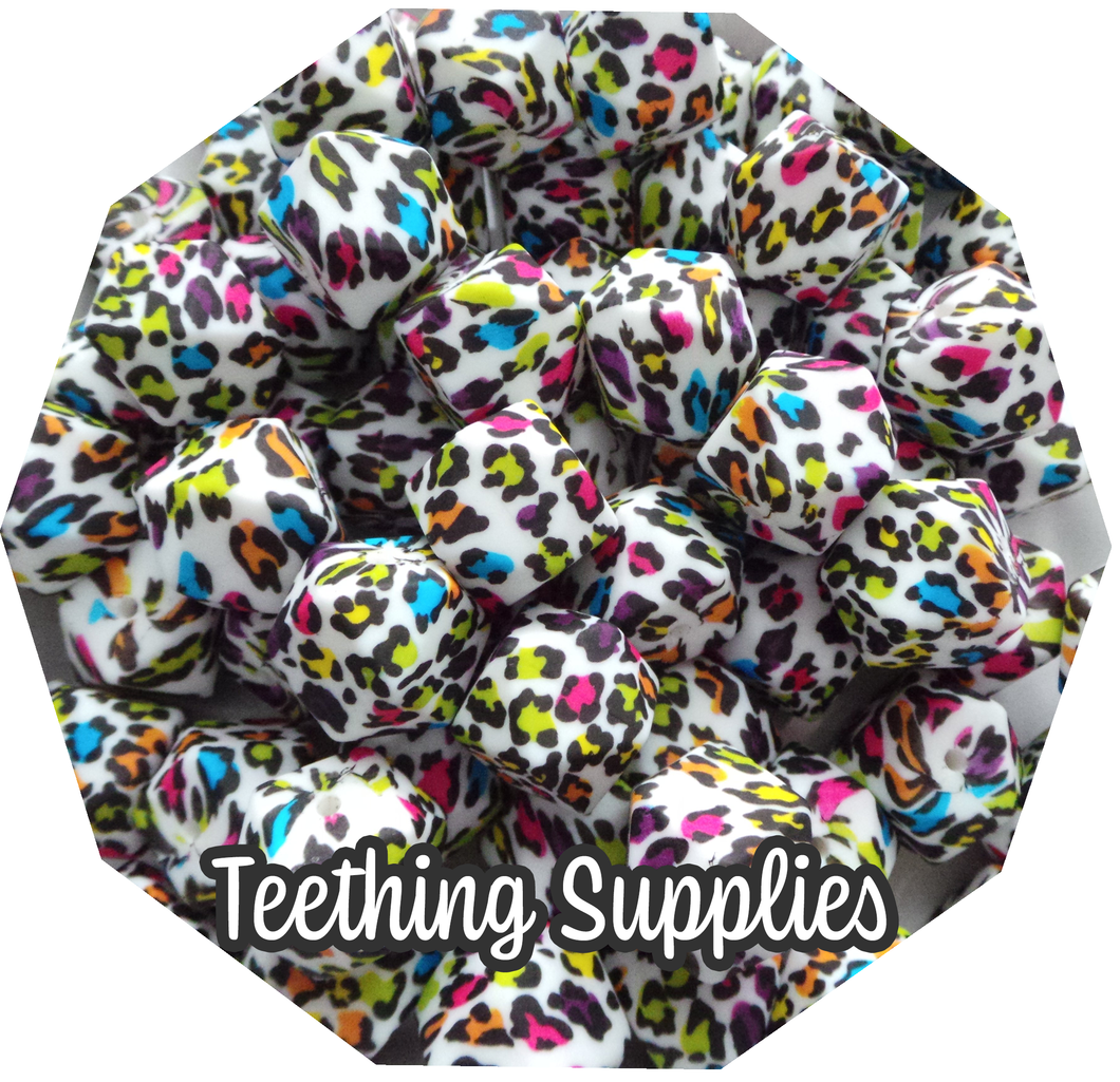 17mm Hexagon Colourful Leopard Silicone Beads (Pack of 5)
