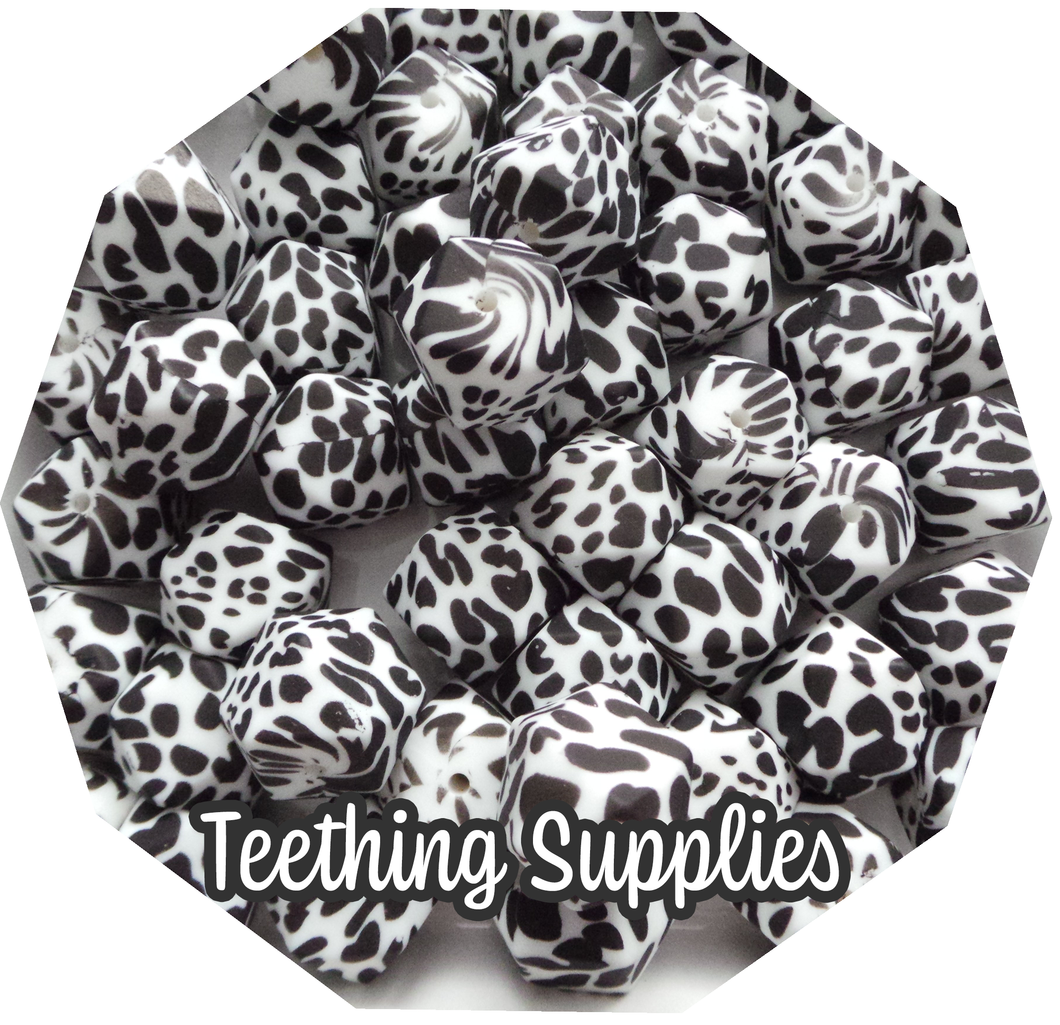 17mm Hexagon Cow Print Silicone Beads (Pack of 5)