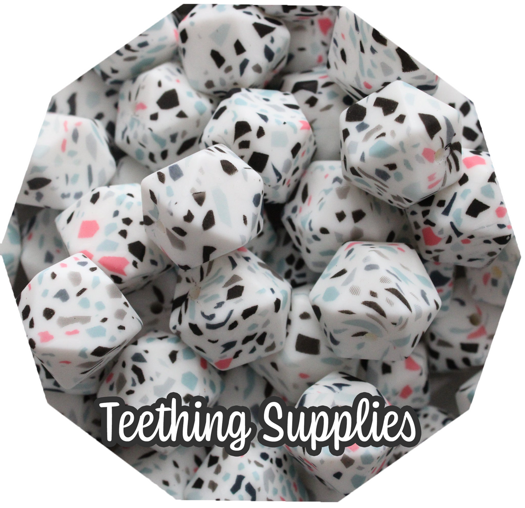 17mm Hexagon Terrazzo white Silicone Beads (Pack of 5)
