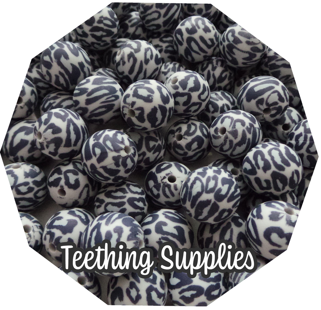 12mm Leopard Grey Print Silicone Beads (Pack of 5) Teething Supplies
